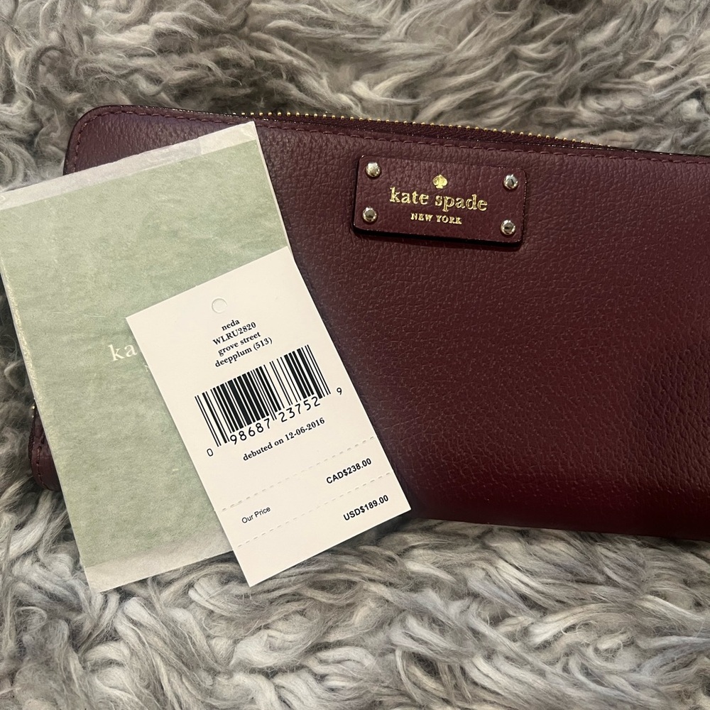 kate spade Burgundy Leather Zip-Around Wallet with Gold Logo - Picture 4 of 4